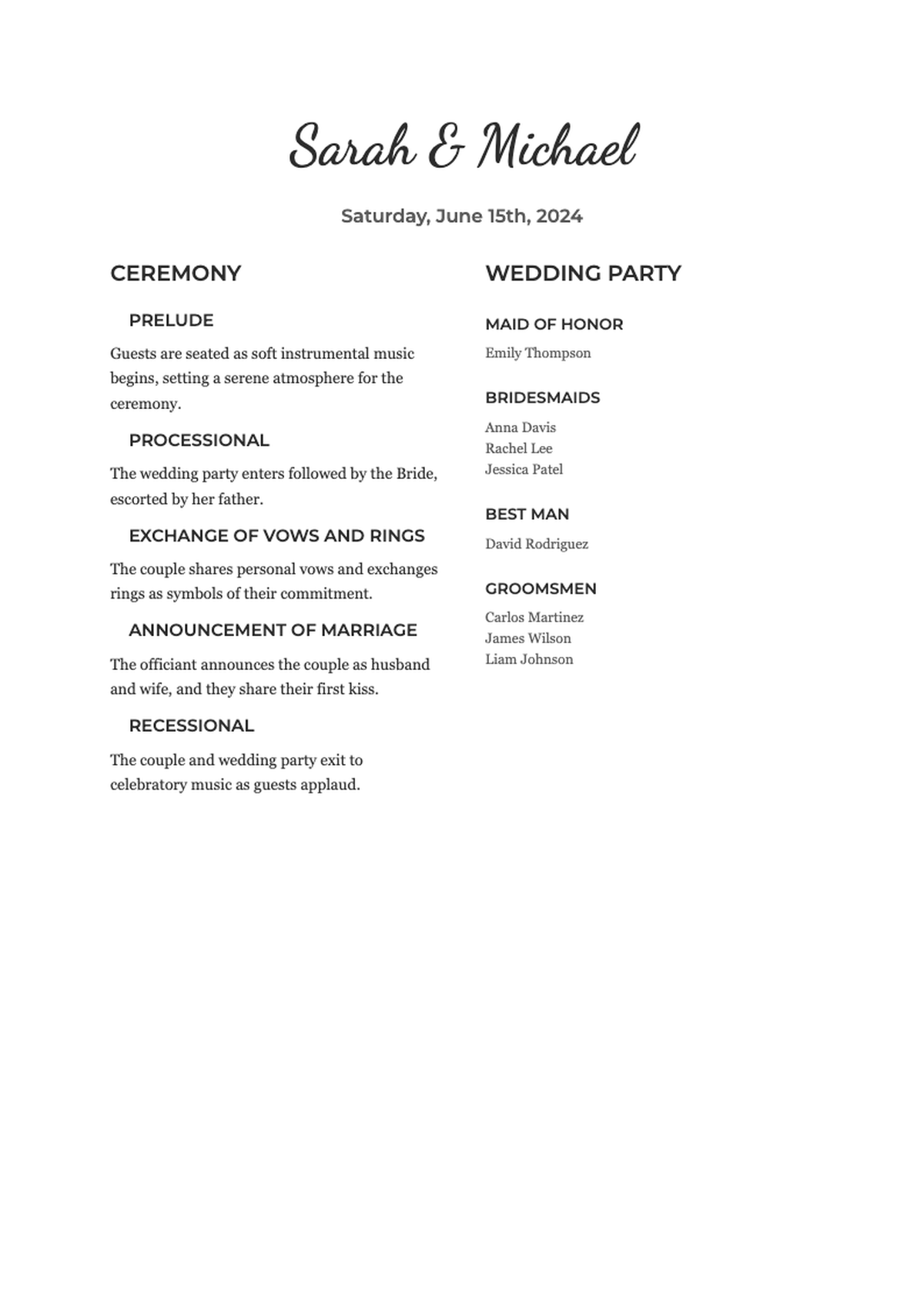 Elegant wedding program with calligraphy names and rose accent_variant_1